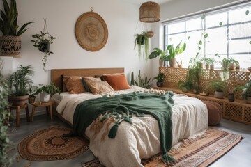 Sticker - Front picture of boho chic bedroom with comfy bed, cushions, plaid, and green houseplant décor near mirror on commode. Generative AI