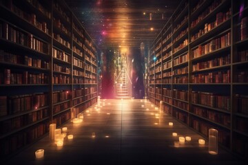 a long row of bookshelves filled with lots of books and lit candles in the middle of the aisle of a 