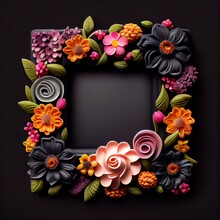 An Empty Square Frame Covered With Polymer Clay Flowers On Solid Background. Plasticine Texture. AI Generated Decorative Illustration With A Square Frame Made Of Colorful Flowers.