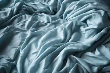 Wall Mural -  a close up of a bed with a blue comforter on it's bed cover and a pillow on top of the bed with a white sheet.  generative ai