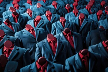 crowd of businesspeople wearing red and blue suits and ties. Generative AI