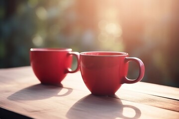  two red coffee cups sitting on top of a wooden table next to each other on a wooden table with sunlight streaming through the window behind them.  generative ai