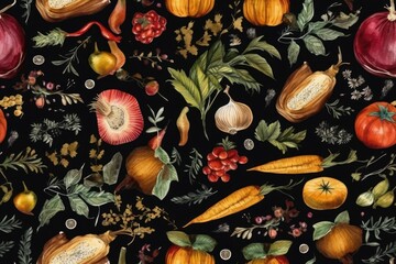 Canvas Print - colorful fruits and vegetables arranged on a dark background. Generative AI