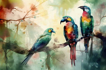 Wall Mural - Artistic watercolor painting of dreamy tropical birds background, wallpaper, generative ai
