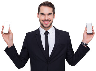 Canvas Print - Smiling businessman holding mobile in each hand