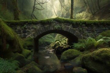  a stone bridge over a small stream in a forest with moss growing on the rocks and a stone bridge with a moss covered bridge over it.  generative ai