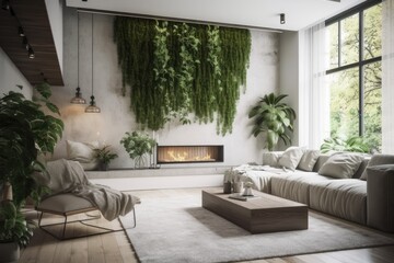 Canvas Print - Lovely living area with fireplace, green houseplants, and comfy couch. Generative AI