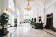 Luxury And Contemporary Lobby Area Interior Design With Reception Counter	
