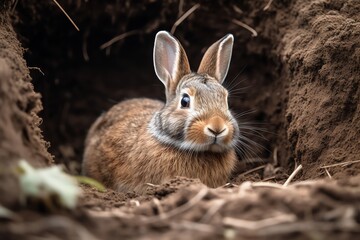 Rabbit in the hole. Animal in the nature. Rabbit in the hole.