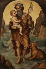 Wall Mural - Saint Christopher, painting illustration. Generative Ai. St Christopher.