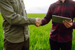 © maxbelchenko - Farmers using touch pad for check wheat quality in the field.Two farmers making agreement with handshake in green wheat field. The concept of the agricultural business. Negotiations.