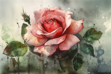 Sticker - detailed painting of a pink rose with vibrant green leaves. Generative AI