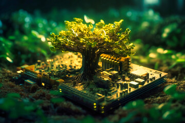 In a green and yellow environment, a tree thrives on a computer circuit board, illustrating the harmony between ecology and electronics