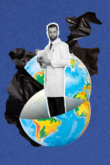 Sticker - Collage artwork graphics picture of confident guy creating planet saving medicine isolated painting background