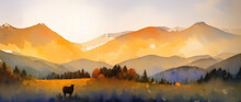 Watercolor Mountain Autumn Pasture Landscape With Sheep. Panorama. Generative AI.