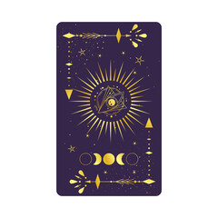 Wall Mural - Tarot card gold with mystic eye pyramid isolated. Boho esoteric tarot card with eye and star. Vector illustration. Sacred geometry celestial triangle