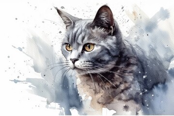 Wall Mural - watercolor painting featuring a cat with striking yellow eyes. Generative AI