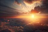 Fototapeta Na sufit - Sunrise in cloudy sky background dramatic sunrise. beautiful sunset Sunrise cloudy sky from aerial view with gentle colorful clouds and dramatic light airplane view. 3D illustration. Creative AI