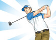 The golfer swings the club with all his might to hit the ball forward.illustration