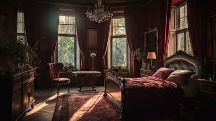 Wall Mural - Regal-style Bedroom in crimson plush velvet bed and Antique Candelabra