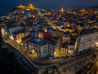 Wall Mural - Aerial drone view of Corfu old town by night