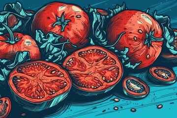 Poster - pile of fresh red tomatoes on a wooden table. Generative AI