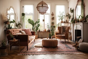 Poster - Bright bohemian living room apartment. Brown sofa, new armchair, ornate fireplace with candles, green house plants in clay pots, and rug on hardwood floor. Generative AI