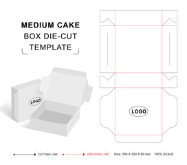 Medium cake box die cut template with 3D blank vector mockup for food packaging