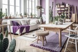 Fototapeta Lawenda - White and purple wooden farmhouse living and dining room. Cloth couch, table, chairs, and décor. Modern decor,. Generative AI
