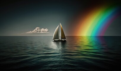 Sticker -  a sailboat in the ocean with a rainbow in the background.  generative ai