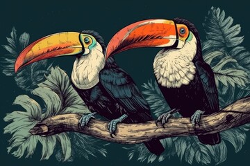 Sticker - two colorful toucans perched on a lush green tree branch. Generative AI