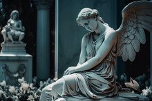 White Sculpture Of An Angel In The Cemetery. Ai Generated