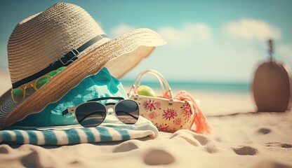 Tropical beach with sunbathing accessories, sunglasses, summer holiday concept background