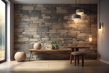 Sticker - rustic interior with stone wall and wooden table. Generative AI