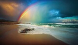 Fototapeta Tęcza -  a rainbow over a beach with waves and a rainbow in the sky.  generative ai