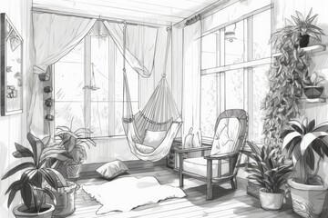 Poster - Boho farmhouse living room, white project sketch, potted plants, and lace hanging chair. Shuttered parquet window. Boho interior design,. Generative AI