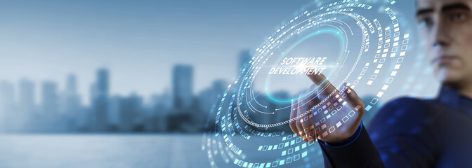 Wall Mural - inscription software development on the virtual display. business, modern technology, internet and n
