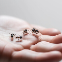 A lot of ants on the palm close-up, ants crawl on the hand, ai generative