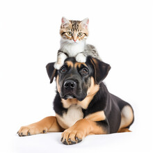 Big Dog And Cute Cat Together, Kitten Lies On Head Of Dog On White Background Close-up, Wonderful Illustration For Advertising Pet Products