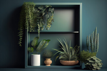 Wall Mural - Green wall mockup with green plant and shelf3d rendering. Generative Ai