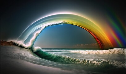 Wall Mural -  a rainbow colored wave crashing into the shore of the ocean.  generative ai