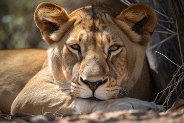 Canvas Print - juvenile female lion taking a nap. Generative AI