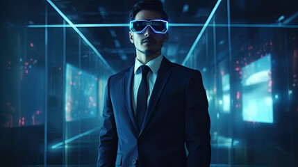 Businessman wearing virtual reality goggles. Generative AI