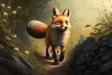 Wall Mural - a fluffy fox's nature stroll: an anthropomorphic animal illustration generative ai