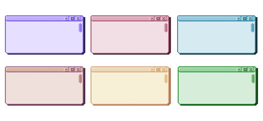 Set Illustration users interface window pixel art. blank desktop window, tap browser elements. Concept of 2000s computer graphics. 