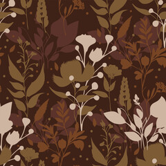Wall Mural - textured boho floral nature brown seamless pattern vector background
