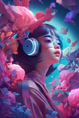 Wall Mural - A digital art of a teenage girl wearing AR glasses, immersed in a virtual and holographic environment of a fantasy landscape, created with generative A.I. technology.