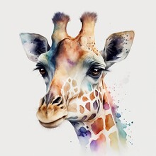 Giraffe Illustration With Light Watercolor On White Background, Minimalist Animal Painting, Light Watercolor Artwork, Unique Wall Décor, Ai Art. Generative Ai