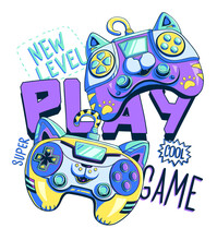Gamepad Poster. Cartoon Cat Gamepads Characters On Colorful Spots Background, Text Play, Cool, Game, Super, New Level. Colorful Gaming Print. Kids Gaming Illustration.