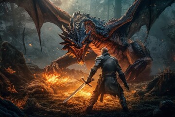 Wall Mural - An epic battle between a knight and a dragon. AI generated, human enhanced